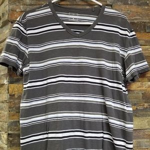 Gray and White Striped V-neck T-shirt